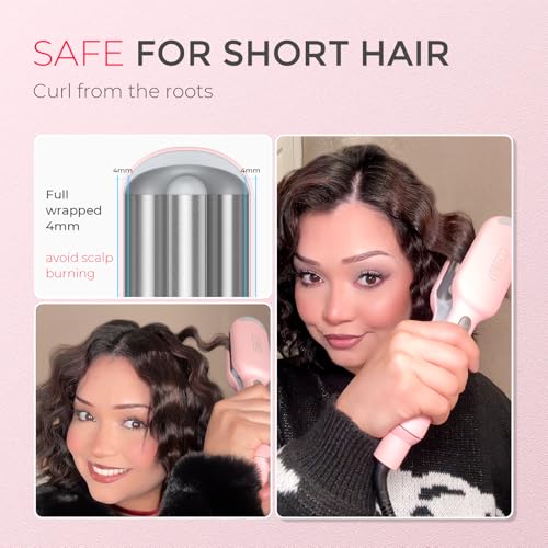 TYMO Curling Iron Hair Crimper Waver - TYMO ROVY Beach Waves Curling Wand, Ionic Deep Waver Hair Curler Tool with Ceramic 3 Barrel for Women, Dual Voltage, Anti-Scald, Easy to Use, Pink, 1 Inch - Image 5
