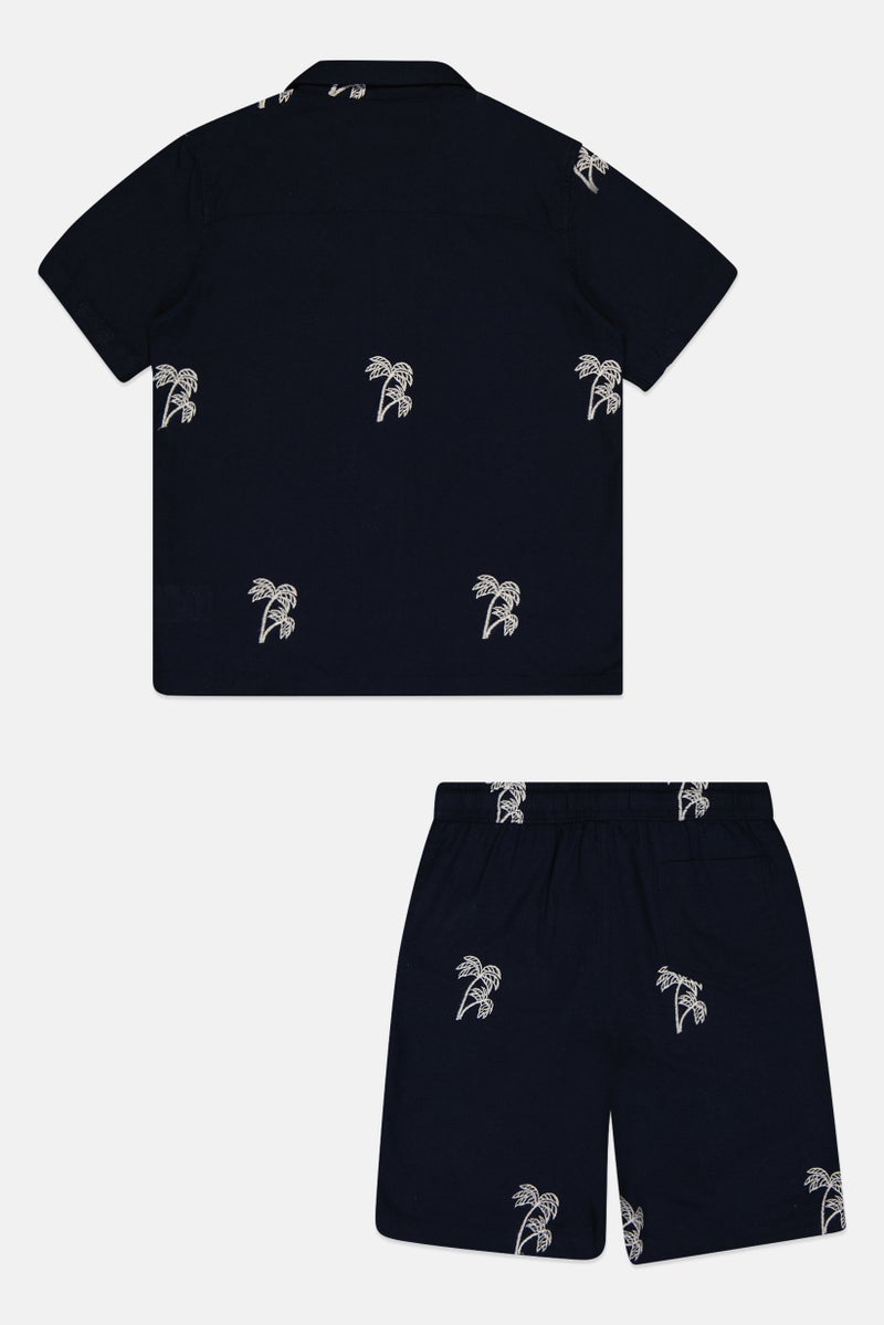 Ocean Pacific Kids Boy 2 Pcs Embroidered Shirt And Shorts Set, Navy - Image 3