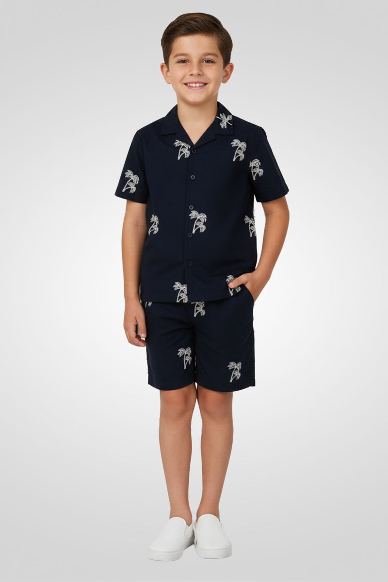 Ocean Pacific Kids Boy 2 Pcs Embroidered Shirt And Shorts Set, Navy - Image 1