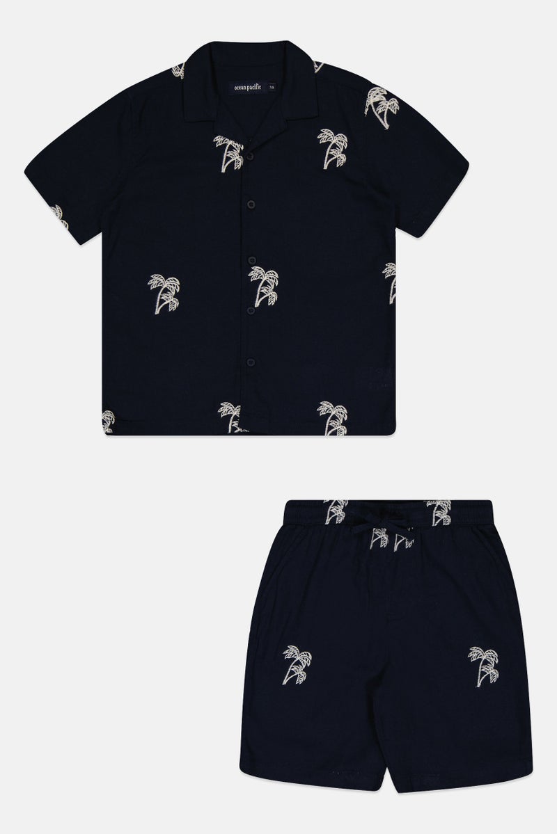 Ocean Pacific Kids Boy 2 Pcs Embroidered Shirt And Shorts Set, Navy - Image 2