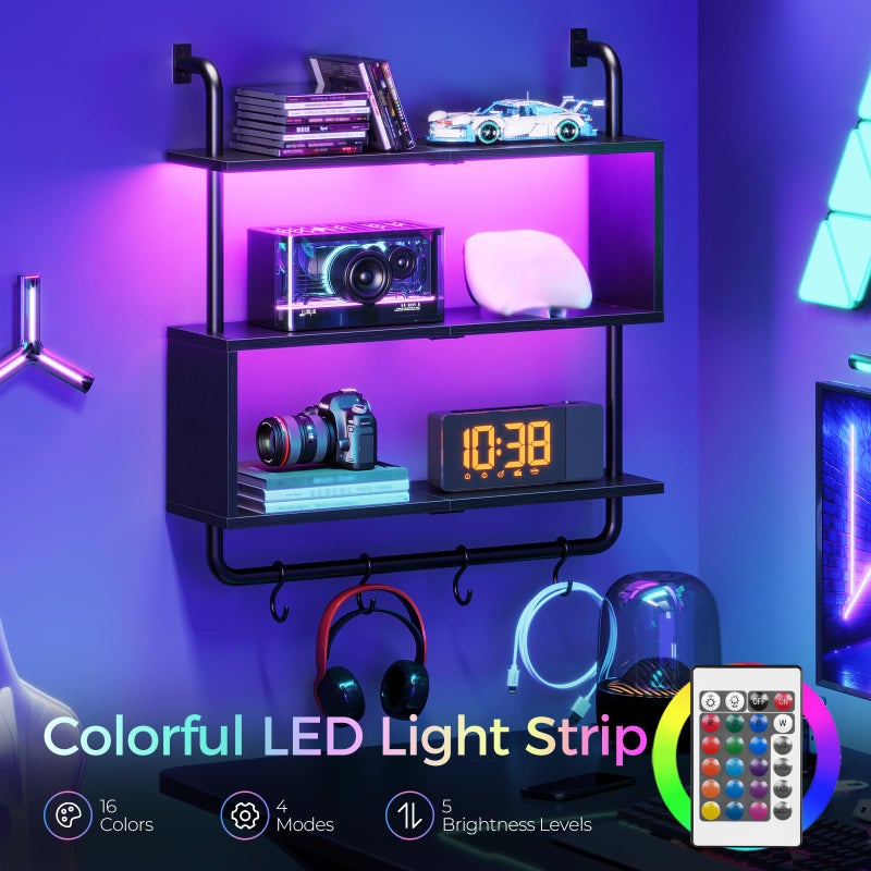 HOOBRO Floating Shelves with LED Lights, 29.5" LED Wall Mounted Gaming Shelf, 3-Tier Pipe Display Rack with Hanging Rod and 4 S-Hooks, for Storage Livingroom, Bedroom, Kitchen, Black BB21DBJ01 - Image 2