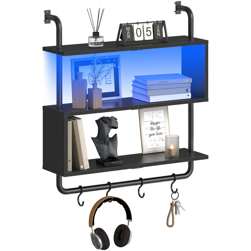 HOOBRO Floating Shelves with LED Lights, 29.5" LED Wall Mounted Gaming Shelf, 3-Tier Pipe Display Rack with Hanging Rod and 4 S-Hooks, for Storage Livingroom, Bedroom, Kitchen, Black BB21DBJ01 - Image 1