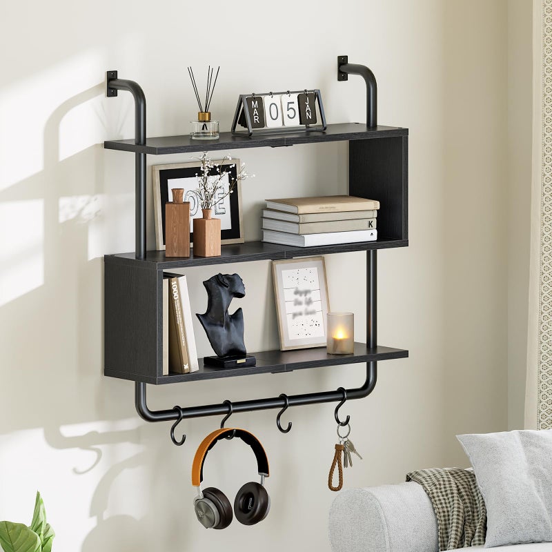 HOOBRO Floating Shelves with LED Lights, 29.5" LED Wall Mounted Gaming Shelf, 3-Tier Pipe Display Rack with Hanging Rod and 4 S-Hooks, for Storage Livingroom, Bedroom, Kitchen, Black BB21DBJ01 - Image 4