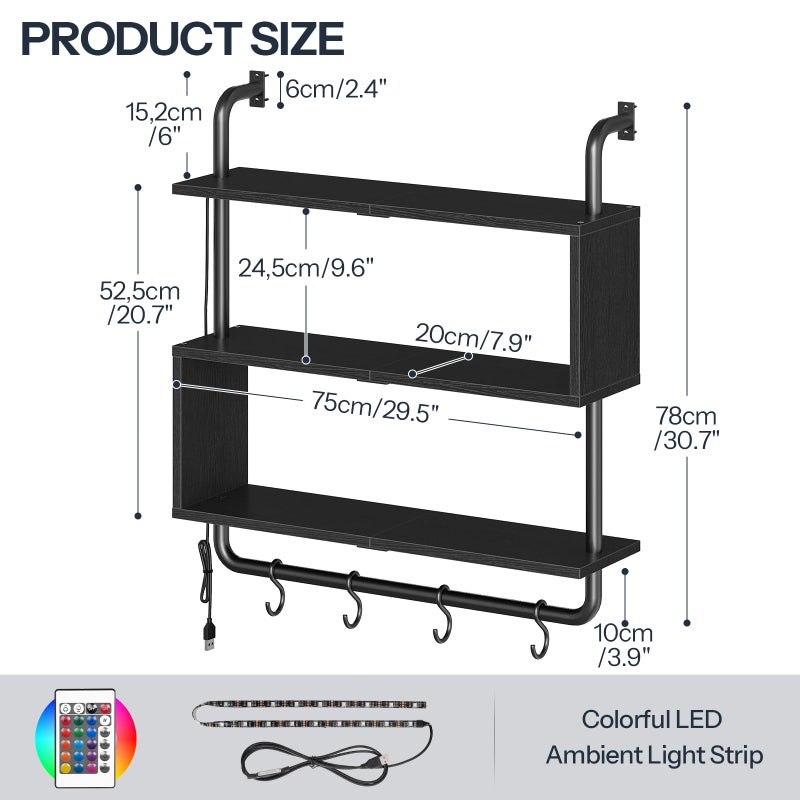HOOBRO Floating Shelves with LED Lights, 29.5" LED Wall Mounted Gaming Shelf, 3-Tier Pipe Display Rack with Hanging Rod and 4 S-Hooks, for Storage Livingroom, Bedroom, Kitchen, Black BB21DBJ01 - Image 5