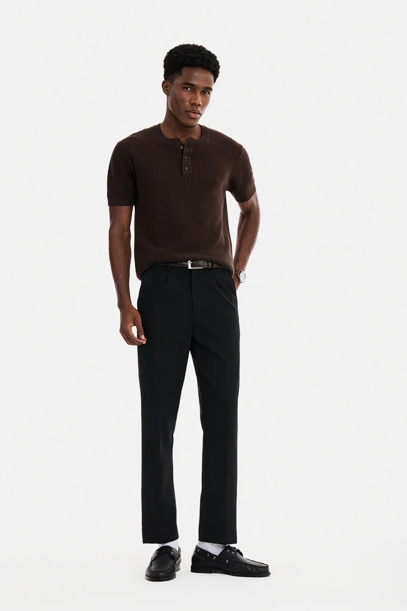 سنيتش Black Textured Regular Fit Formal Trousers