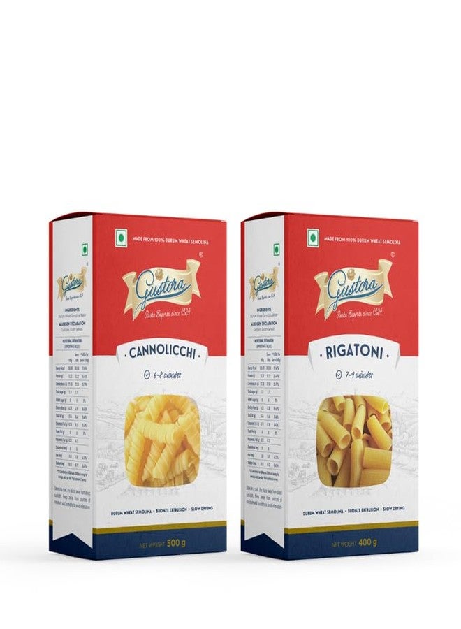 Gustora Durum Wheat Semolina Cannolicchi Pasta, 500g & Rigatoni Pasta, 400g Combo I Vegetarian Pasta I Rich in Fibre & Protein - 900G - Image 1