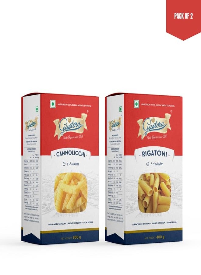 Gustora Durum Wheat Semolina Cannolicchi Pasta, 500g & Rigatoni Pasta, 400g Combo I Vegetarian Pasta I Rich in Fibre & Protein - 900G - Image 2
