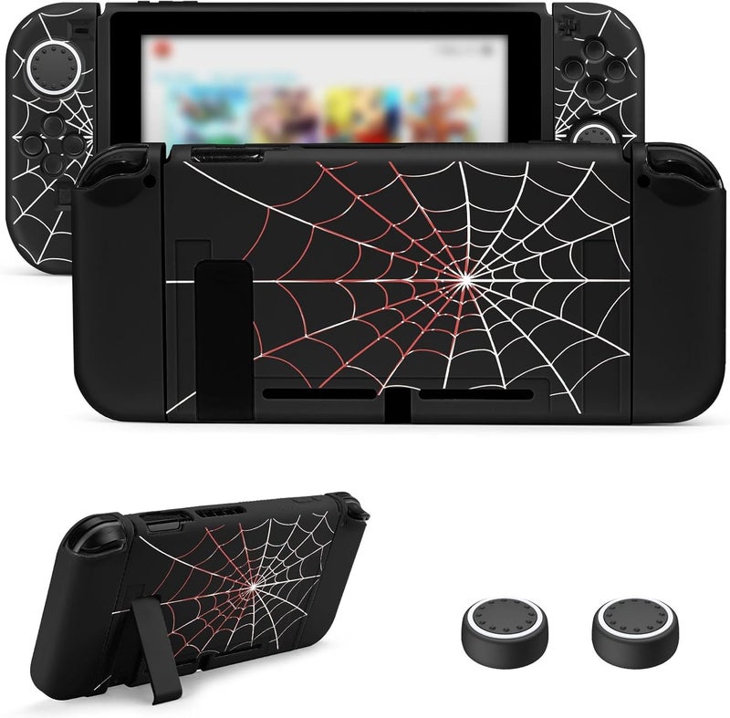 جينغدو حافظة المتوافقة مع Nintendo Switch 2017، ملحق TPU لوحدة التحكم Switch ومقابض Joy-Con، واقي Switch مع 4 أغطية إبهام، شبكة عنكبوت سوداء - Image 1