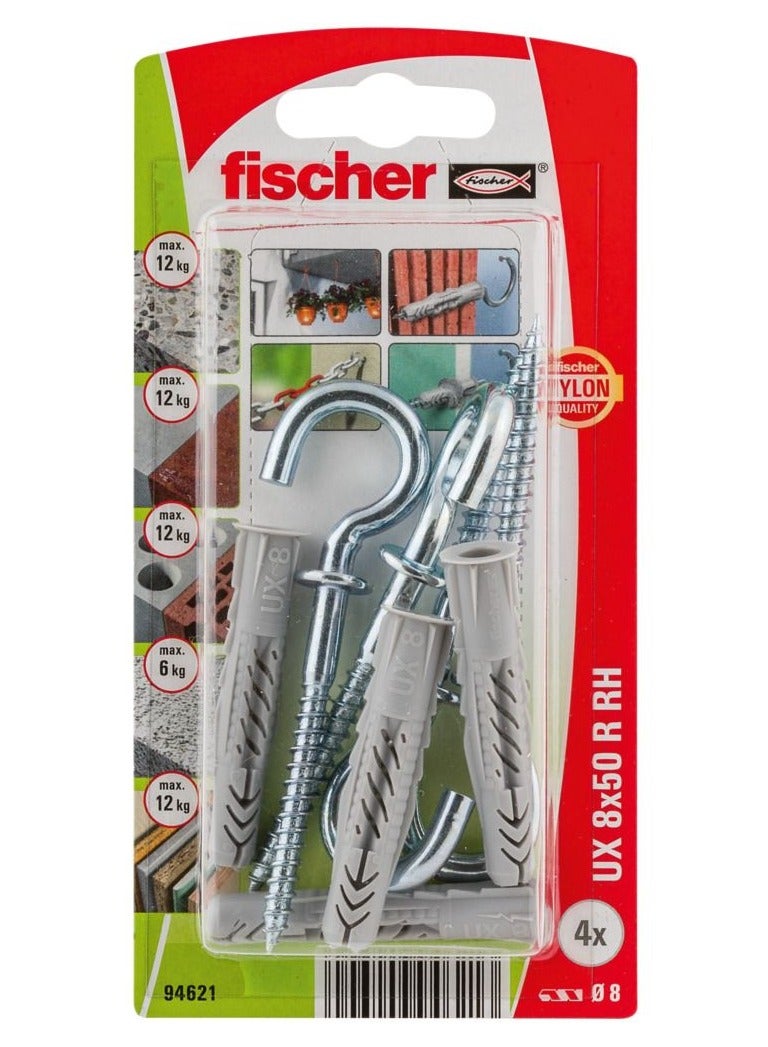 Fischer Nylon Universal Fixing Plug W/Half Rnd Hook UX 8x50 RH B 6Pcs