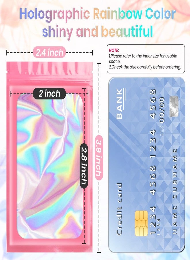 ANZNKU 100 Pack Holographic Bags, Resealable Bags Packaging Bag with Clear Window Resealable Odor Foil Pouch for Food Storage, Lipgloss&Jewelry Lash Packaging(Pink, 2.4 x 3.9 Inch) - Image 2