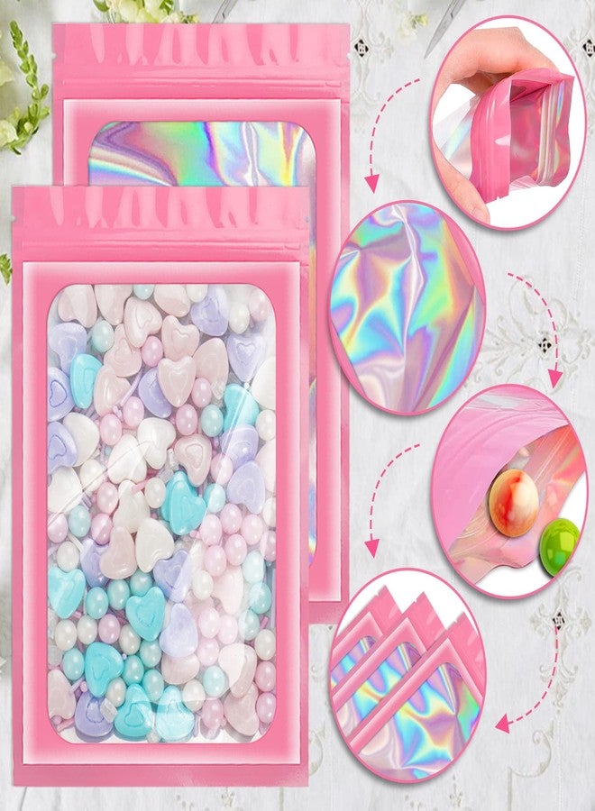 ANZNKU 100 Pack Holographic Bags, Resealable Bags Packaging Bag with Clear Window Resealable Odor Foil Pouch for Food Storage, Lipgloss&Jewelry Lash Packaging(Pink, 2.4 x 3.9 Inch) - Image 3