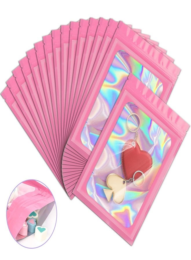 ANZNKU 100 Pack Holographic Bags, Resealable Bags Packaging Bag with Clear Window Resealable Odor Foil Pouch for Food Storage, Lipgloss&Jewelry Lash Packaging(Pink, 2.4 x 3.9 Inch) - Image 1
