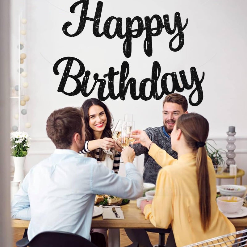 BEISHIDA Black Happy Birthday Banner - NO DIY, 10ft Pre-Strung Glitter Birthday Sign, Garland & Backdrop Decorations - Image 4
