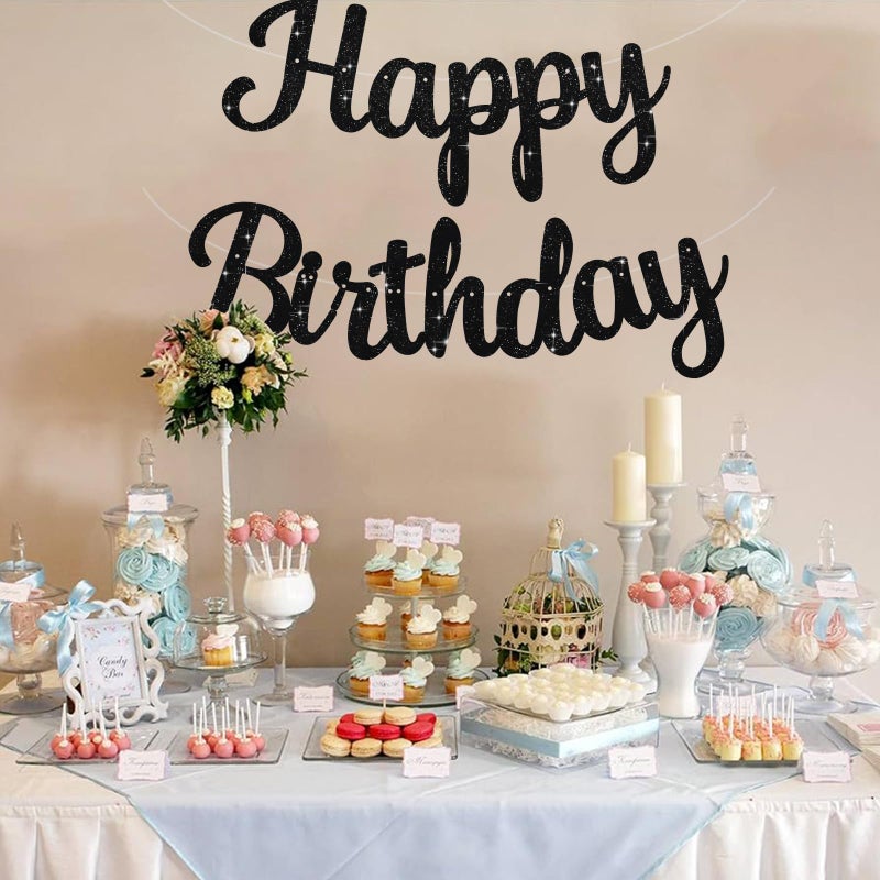 BEISHIDA Black Happy Birthday Banner - NO DIY, 10ft Pre-Strung Glitter Birthday Sign, Garland & Backdrop Decorations - Image 5
