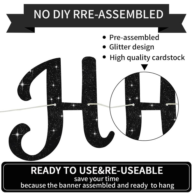 BEISHIDA Black Happy Birthday Banner - NO DIY, 10ft Pre-Strung Glitter Birthday Sign, Garland & Backdrop Decorations - Image 2