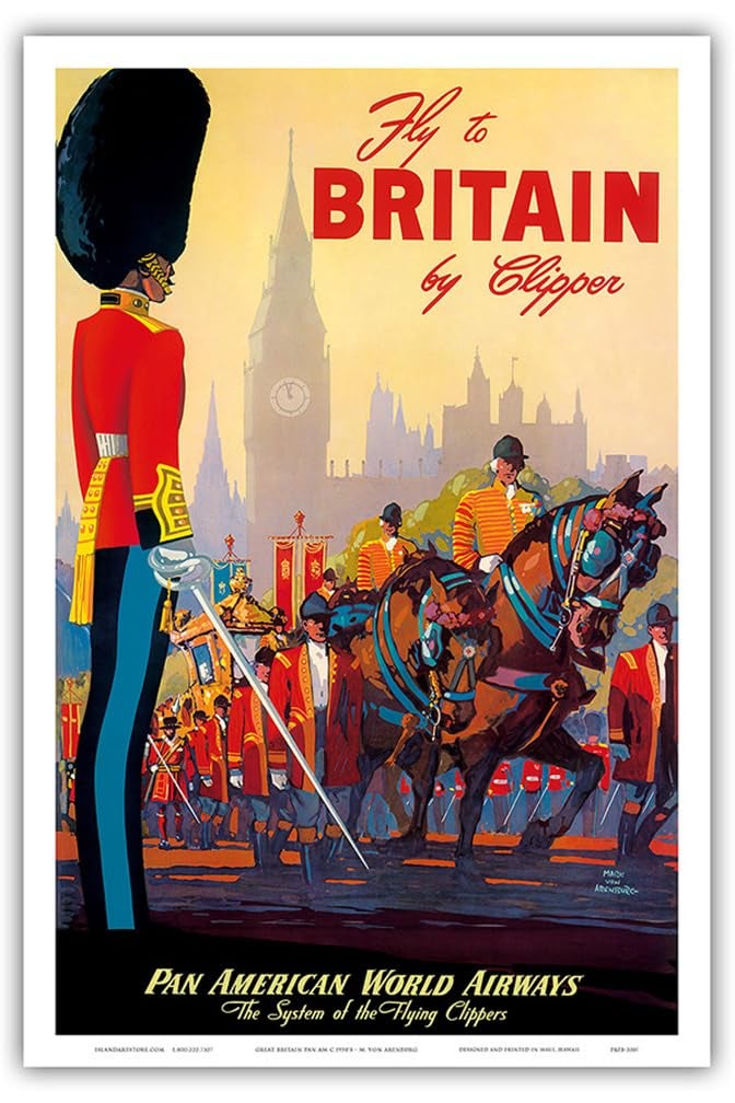 Pacifica Island Art Fly To Britain By Clipper - Pan American World Airways - British Royal Procession - Vintage Airline Travel Poster by Mark Von Arenburg c.1950s - Master Art Print (Unframed) 12in x 18in - Image 5