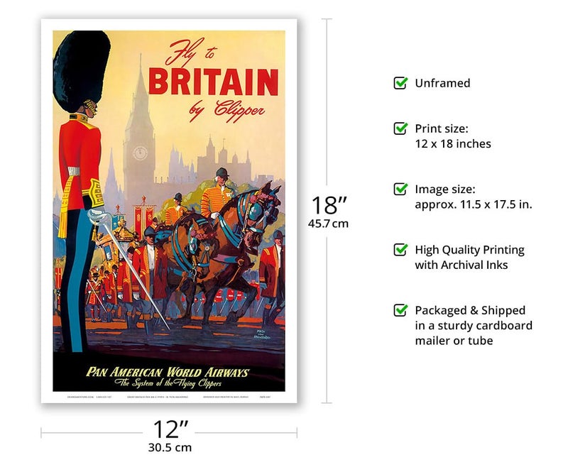 Pacifica Island Art Fly To Britain By Clipper - Pan American World Airways - British Royal Procession - Vintage Airline Travel Poster by Mark Von Arenburg c.1950s - Master Art Print (Unframed) 12in x 18in - Image 2
