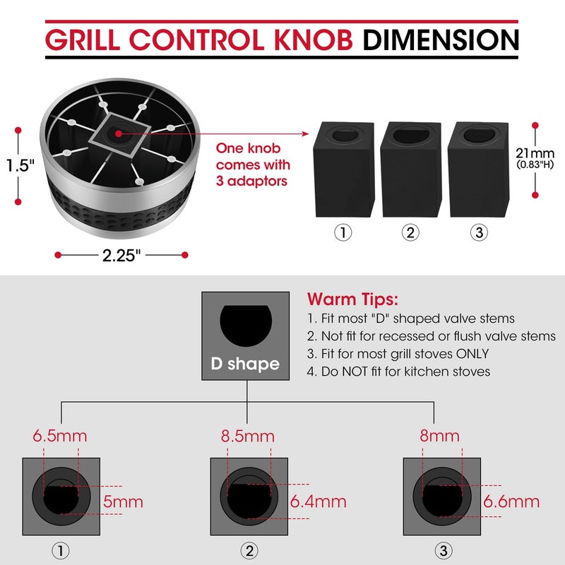 Unicook 2 Pack Grill Control Knobs Replacement, Chrome Plated Plastic with Nonslip Grip, Fit BBQ Gas Grills with D Shaped Valve Stem, NOT Fit Recessed Flush Valve Stem, Include 2 Knobs and 6 Adaptors - Image 2