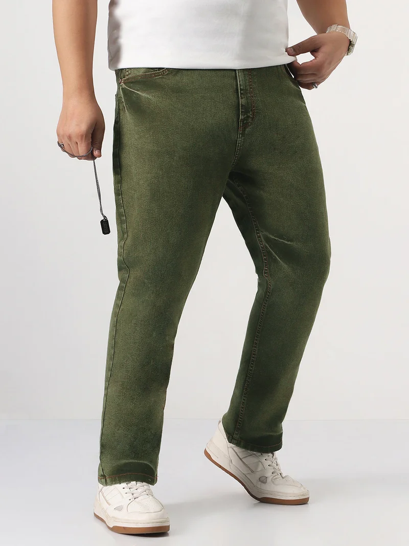 Urbano Plus Men's Light Green Straight Fit Heavy Washed Jeans Stretchable
