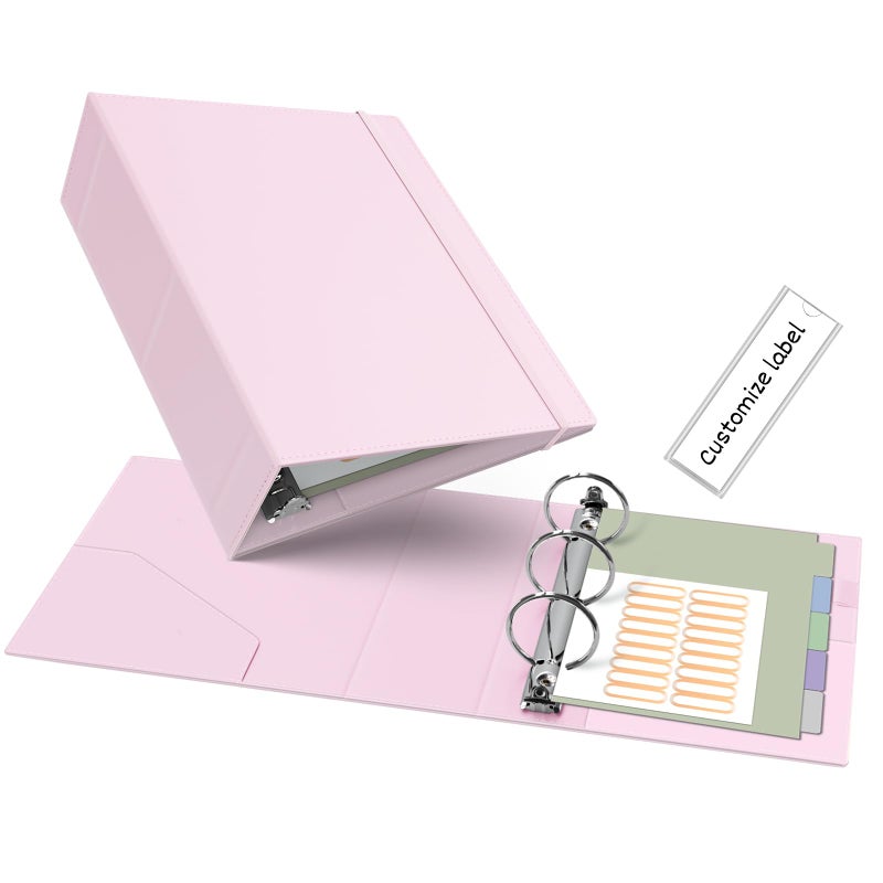 Ospelelf Leather Mini Binder Vintage Hardcover 2 Inch Rings, Professional Small 3 Ring Binders Organizer Suitable for 5.5" x 8.5" Documents, Binder Dividers with Tabs, Pink - Image 1