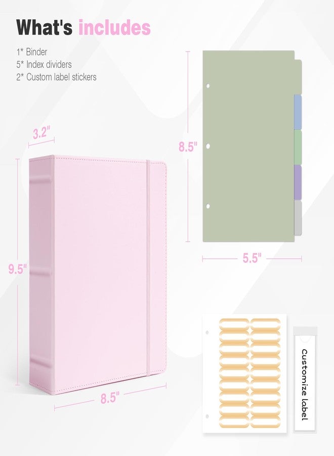 Ospelelf Leather Mini Binder Vintage Hardcover 2 Inch Rings, Professional Small 3 Ring Binders Organizer Suitable for 5.5" x 8.5" Documents, Binder Dividers with Tabs, Pink - Image 3