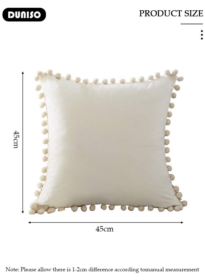 DUNISO 2 Pack Velvet Throw Pillow Covers, Fall Decorative Solid Square Cushion Case Pillow Cases Set with Pom-poms, Cozy Neutral Farmhouse Pillow Case  for Couch Sofa Bed Bedroom Car Living Room - Image 4