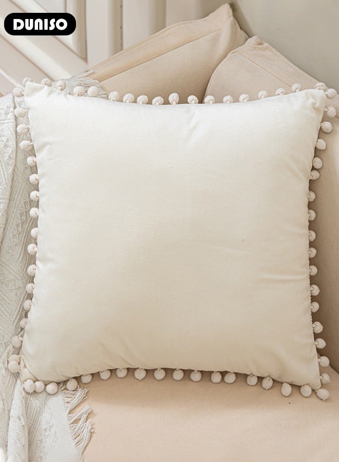 DUNISO 2 Pack Velvet Throw Pillow Covers, Fall Decorative Solid Square Cushion Case Pillow Cases Set with Pom-poms, Cozy Neutral Farmhouse Pillow Case  for Couch Sofa Bed Bedroom Car Living Room - Image 3