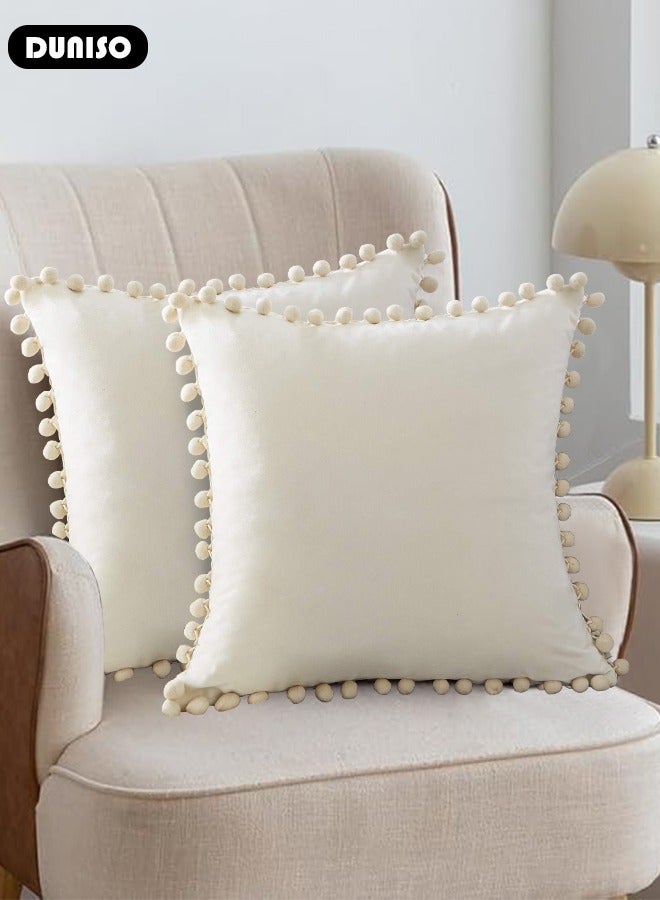 DUNISO 2 Pack Velvet Throw Pillow Covers, Fall Decorative Solid Square Cushion Case Pillow Cases Set with Pom-poms, Cozy Neutral Farmhouse Pillow Case  for Couch Sofa Bed Bedroom Car Living Room - Image 5
