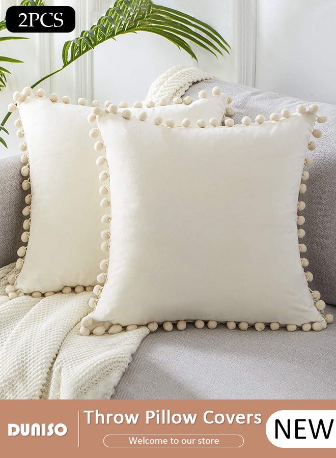 DUNISO 2 Pack Velvet Throw Pillow Covers, Fall Decorative Solid Square Cushion Case Pillow Cases Set with Pom-poms, Cozy Neutral Farmhouse Pillow Case  for Couch Sofa Bed Bedroom Car Living Room - Image 1