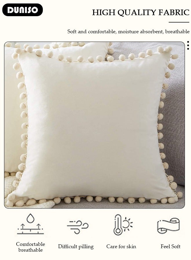 DUNISO 2 Pack Velvet Throw Pillow Covers, Fall Decorative Solid Square Cushion Case Pillow Cases Set with Pom-poms, Cozy Neutral Farmhouse Pillow Case  for Couch Sofa Bed Bedroom Car Living Room - Image 2