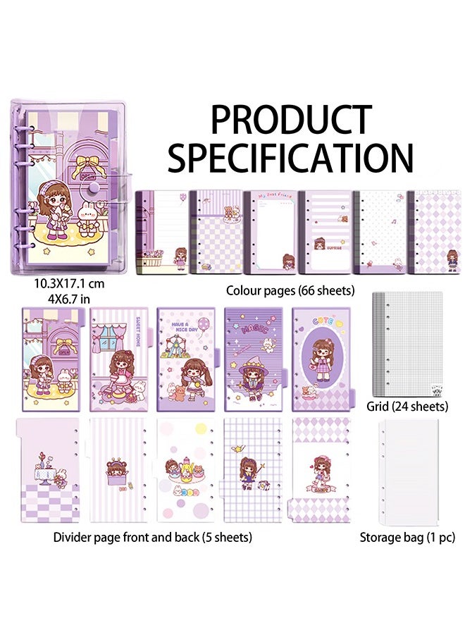 2 pcs A6 Refillable Notebook, 6 Ring Transparent PVC Planner Binder Cover with Colorful Planner Refill Cute Loose Leaf Paper, Cartoon Dividers and Zipper Pocket