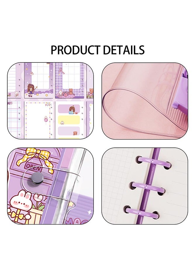 2 pcs A6 Refillable Notebook, 6 Ring Transparent PVC Planner Binder Cover with Colorful Planner Refill Cute Loose Leaf Paper, Cartoon Dividers and Zipper Pocket