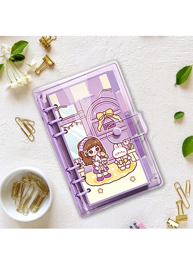 2 pcs A6 Refillable Notebook, 6 Ring Transparent PVC Planner Binder Cover with Colorful Planner Refill Cute Loose Leaf Paper, Cartoon Dividers and Zipper Pocket