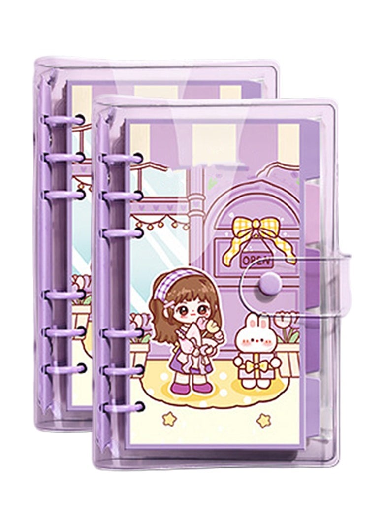 2 pcs A6 Refillable Notebook, 6 Ring Transparent PVC Planner Binder Cover with Colorful Planner Refill Cute Loose Leaf Paper, Cartoon Dividers and Zipper Pocket