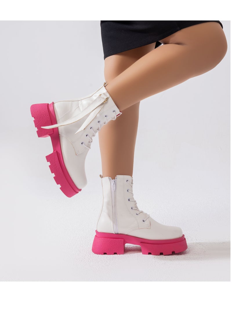 LIFESTYLISH Ankle Boot Leather With Acceerosies E-99 - White sole Fuchsia 