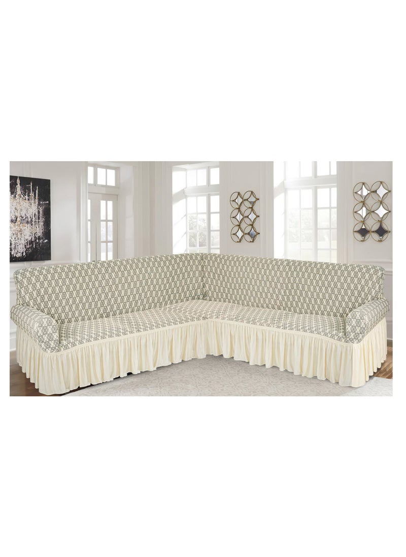 Fabienne Stretch Fit L Shape Sofa Cover 6 Seater Slip Cover Jacquard Fabric Corner Sofa Cover for Large Sofa Free Size Fits on Different Models of Sofa 4 to 6 Meter Length with any Side Corner Cream  - Image 2