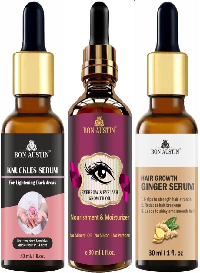 Bon Austin Knuckle Skin Whitening Serum, Eyebrow and Eyelash Growth Oil (Helps to Growth Eyebrows & Eyelash) & Hair Growth Ginger Serum (Reduce Hair Fall) Each, 30ml - Combo of 3 Items - Image 1