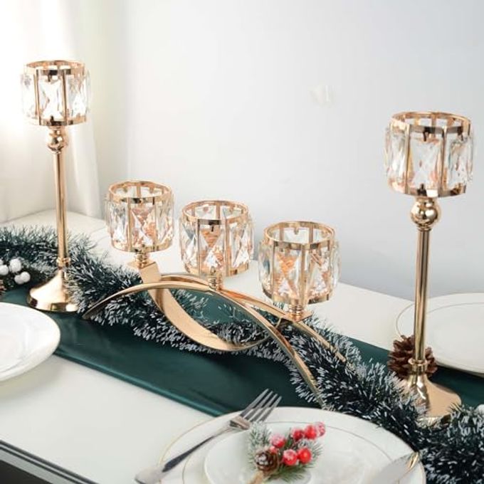 kehail 3 Arms Crystal Candle Holders, Arch Candlestick Table Candelabras Centerpieces for Wedding, Dinning Room, Cabinet Ornaments, Home Decoration, Gift (3-arm Arched Set, Gold) - Image 5