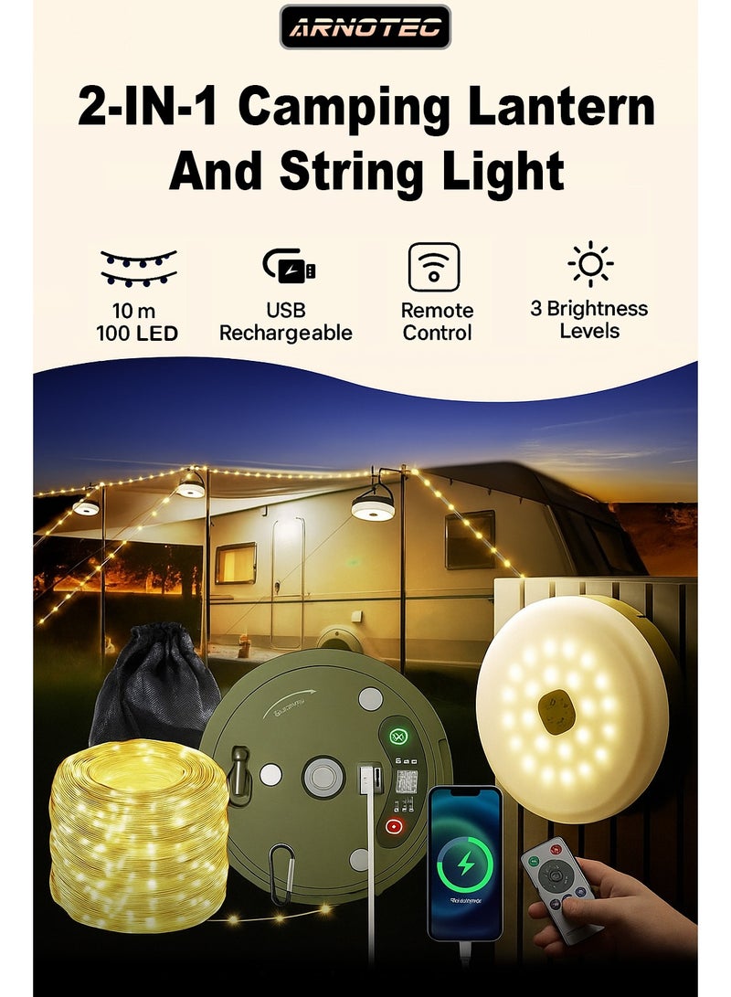ARNOTEC Outdoor Camping String Light with Remote Control, USB Rechargeable Lantern & 10M LED Strip | 6 Lighting Modes | Portable Hanging Light for Tent, RV, Garden & Festival Decoration - Image 1