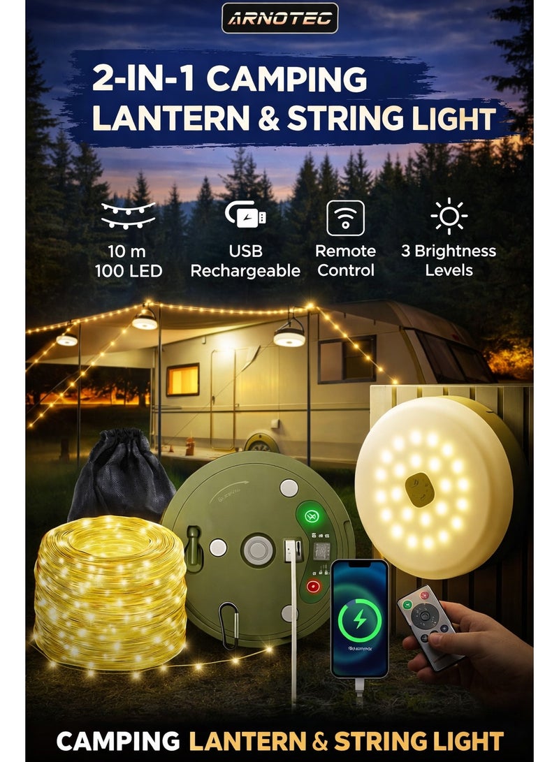 ARNOTEC إضاءة خيطية للتخييم في الهواء الطلق مع جهاز تحكم عن بعد، فانوس قابل لإعادة الشحن عبر USB وشريط LED بطول 10 أمتار | 6 أوضاع إضاءة | ضوء معلق محمول للخيمة، RV، الحديقة وزينة المهرجانات - Image 1