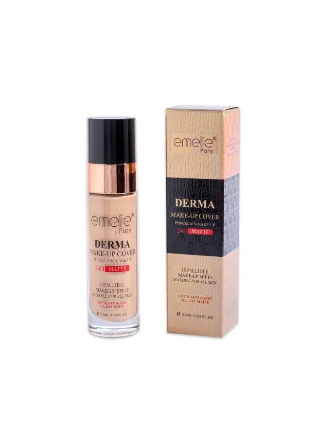 A bottle of  Make-up Cover foundation, featuring a porcelain matte finish and 24-hour wear.