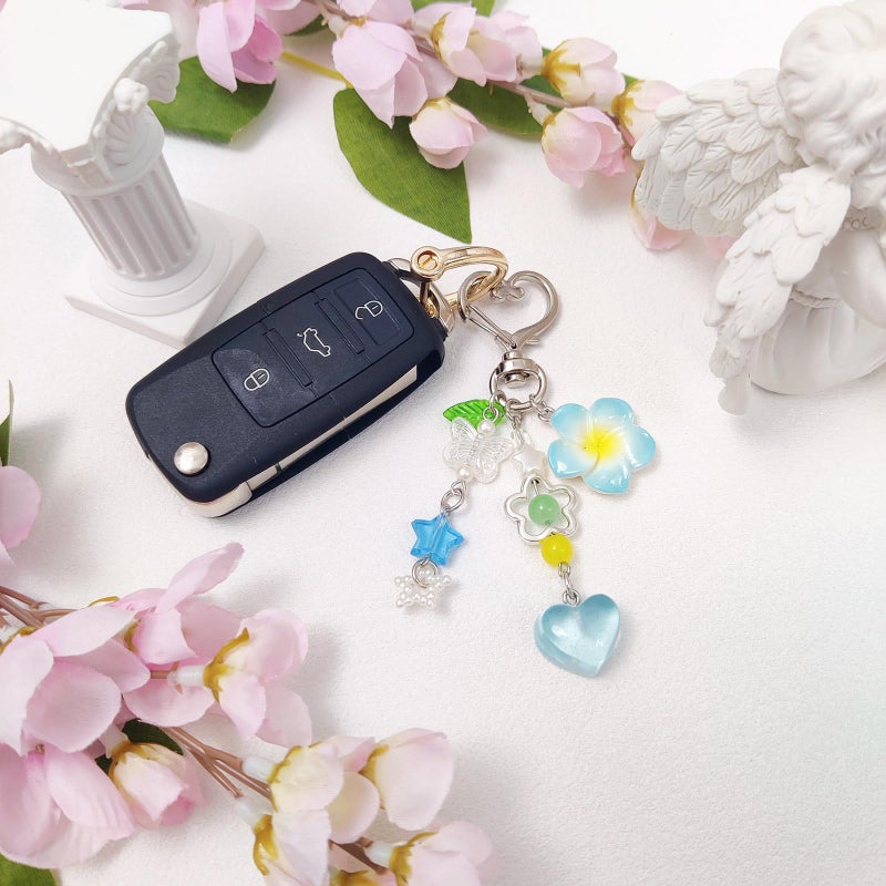 cioatu Y2K Aesthetic Keychains for Women Cute Flowers Star Cake Jellyfish Keychins Charms Kawaii Bag Purse Decor (Blue & Pink Flowers) - Image 3