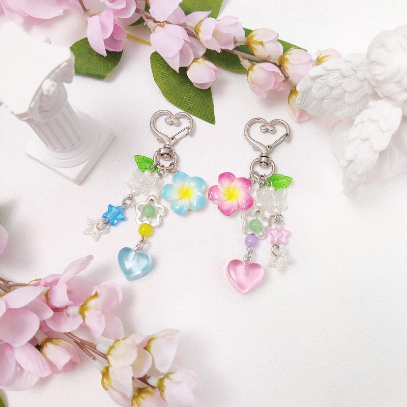 cioatu Y2K Aesthetic Keychains for Women Cute Flowers Star Cake Jellyfish Keychins Charms Kawaii Bag Purse Decor (Blue & Pink Flowers) - Image 2