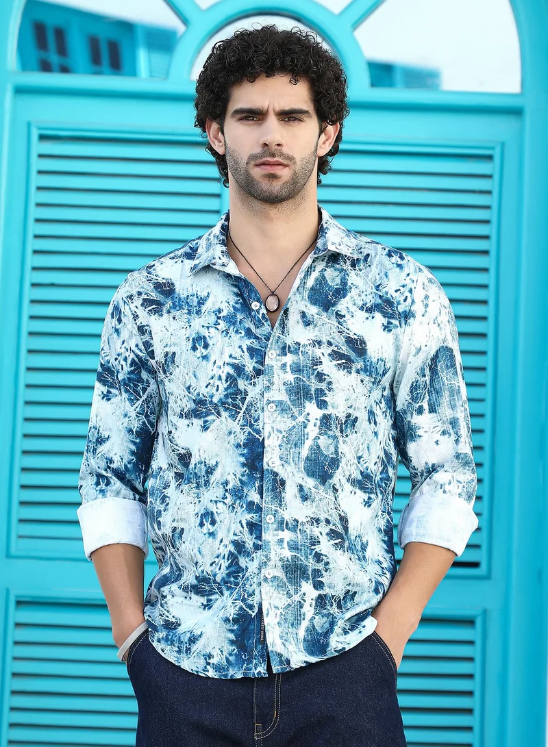 Campus Sutra Men's Indigo Blue Striated-Contrast Regular Shirt