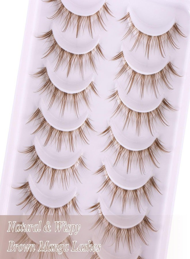 outopen 10 Pairs Brown Lashes Clear Band Brown Manga Lashes Japanese Anime Cosplay Eyelashes Asian False Eyelashes Natural Look Like Individual Clusters (Anime 9-13mm) - Image 4