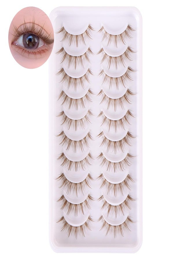 outopen 10 Pairs Brown Lashes Clear Band Brown Manga Lashes Japanese Anime Cosplay Eyelashes Asian False Eyelashes Natural Look Like Individual Clusters (Anime 9-13mm) - Image 1