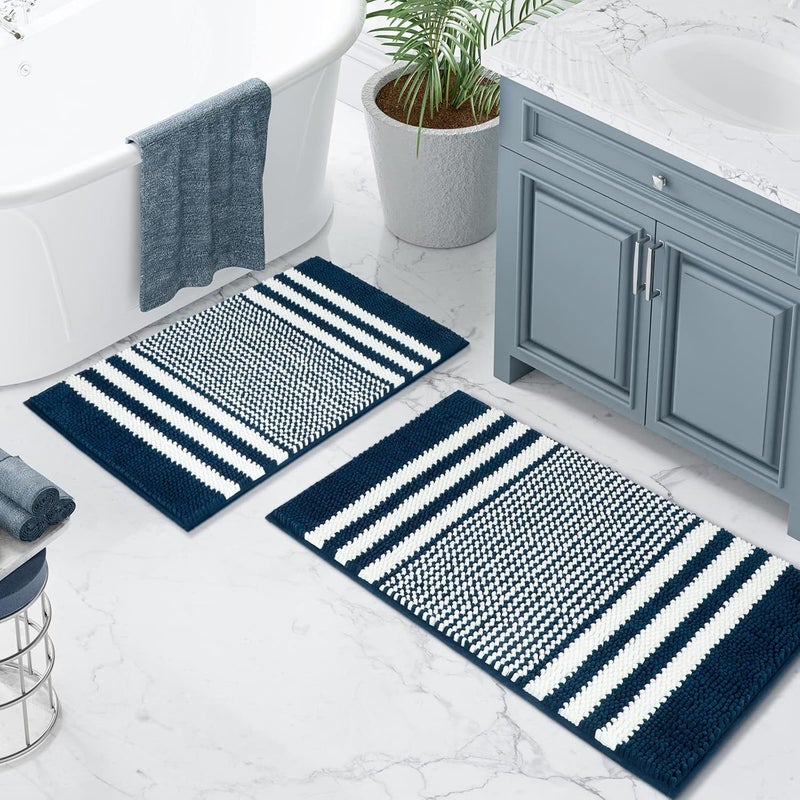 Tindbea Bathroom Rugs Set 2 Piece, Extra Soft and Absorbent Fluffy Striped Chenille Bath Mat Rug Set, Non Slip Bathroom Floor Mat, Machine Washable (20" x 32" Plus 16" x 24", Navy Blue) - Image 1
