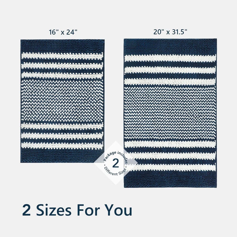 Tindbea Bathroom Rugs Set 2 Piece, Extra Soft and Absorbent Fluffy Striped Chenille Bath Mat Rug Set, Non Slip Bathroom Floor Mat, Machine Washable (20" x 32" Plus 16" x 24", Navy Blue) - Image 5