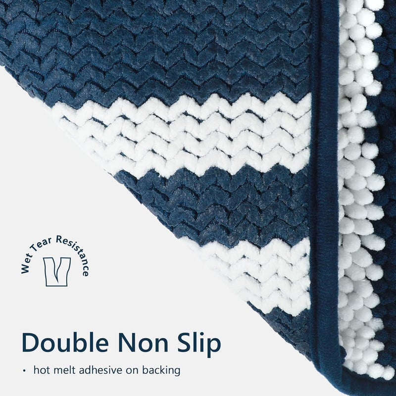 Tindbea Bathroom Rugs Set 2 Piece, Extra Soft and Absorbent Fluffy Striped Chenille Bath Mat Rug Set, Non Slip Bathroom Floor Mat, Machine Washable (20" x 32" Plus 16" x 24", Navy Blue) - Image 4