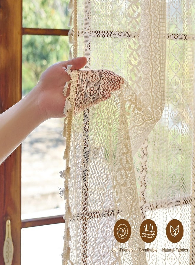 Anmao Boho Curtains Crochet Lace Semi-Sheer Hollow Out Knitted Tassels Curtain 84 Inch Length 2 Panels Set for Living Room, Vintage Bohemian Light Filtering Rod Pocket Drapes, (W52xL84, Cream Beige) - Image 5